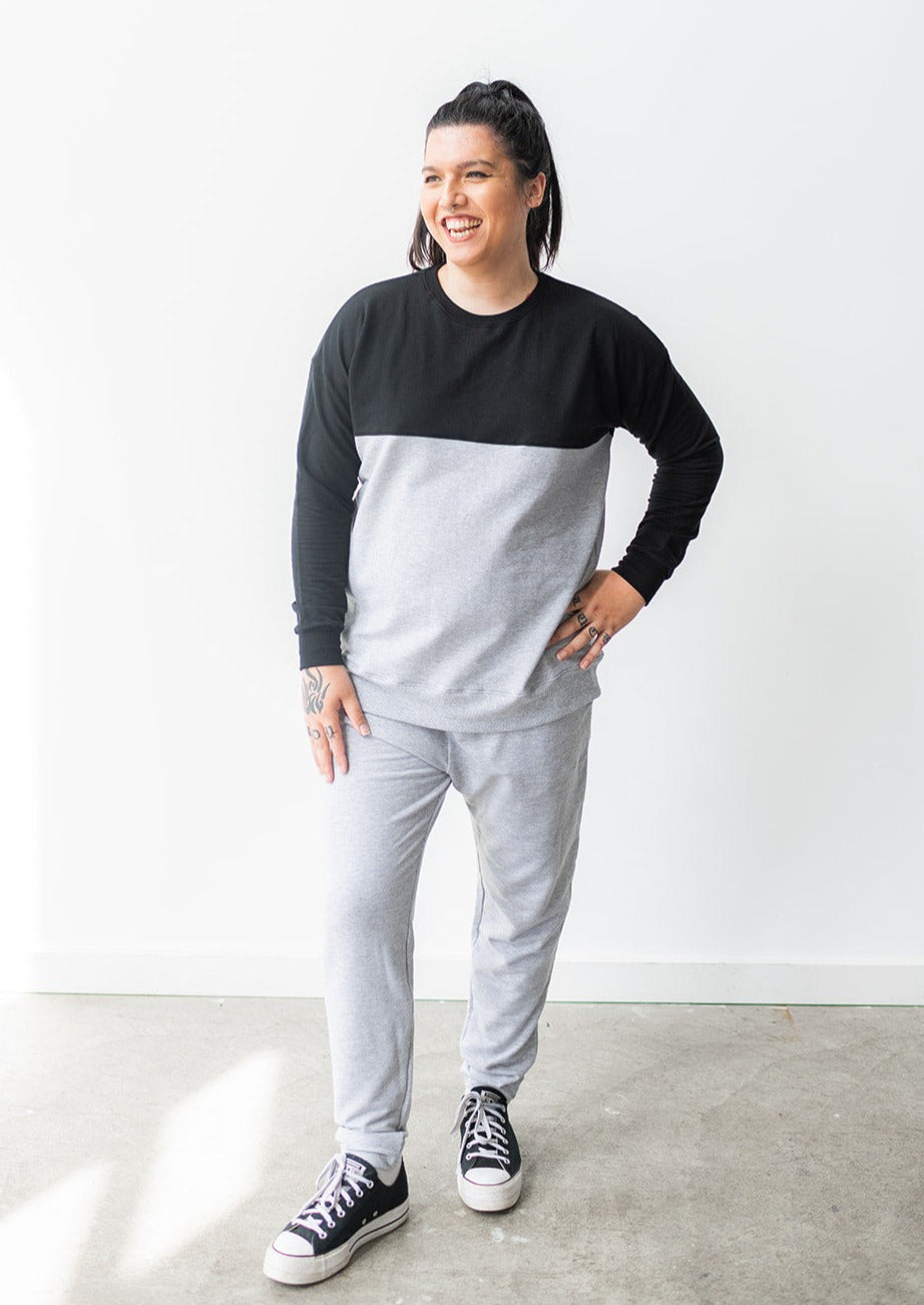 Sustainable Canadian made colorblock sweatshirt in black and grey